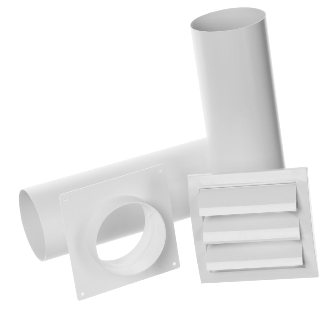 Ø 125mm Kit de Ventilación Mural - Tubo Telescópico de Plástico - Rejilla de Ventilación con Persianas Automáticas y Mosquitera