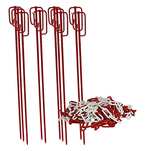UvV Absperrleinenhalter 10 Stück mit Kette Ø 14 x 1200 mm, verschiedene Farbkombinationen, Absperrkette aus Kunststoff 25 Metern Länge wahlweise 6 oder 8 mm Gliederstärke (ROT 6 mm)