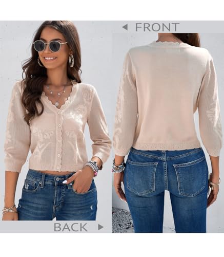 Kate Kasin Women's 2025 Cropped Cardigan Sweaters Trendy Lightweight 3/4 Sleeve Button Down Crochet Textured Shrugs Top4