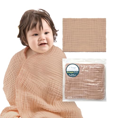 Image of L'Ange Baby Bath Towel - 9 Layers 100% Cotton Muslin, Super Quick Dry, Medical Grade Packaging for Infants and Newborns - 28 x 37in - Khaki