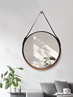 Hosoncovy PU Leather Wall Round Mirror Hanging Decorative Mirror with Strap Makeup Mirror Vanity Mirror for Bathroom Living Room Bedroom (Brown)