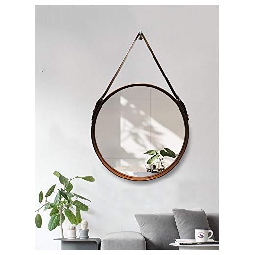 Hosoncovy PU lädervägg rund spegel hängande dekorativ spegel med remmar sminkspegel kosmetisk spegel för badrum vardagsrum sovrum (brun)