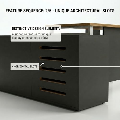 Image of FFO Executive L-Shaped Office Desk with Storage Cabinet | Premium Wooden Manager Table for Home & Office | Large Workstation with Drawers & Cupboard | Modern Boss Desk (Black & Coach Wood)