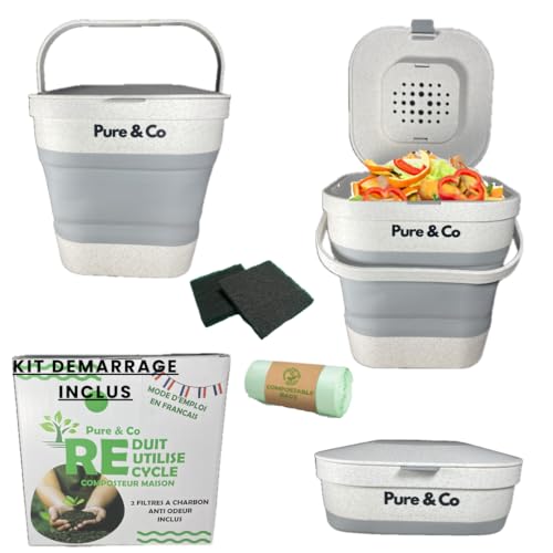 Composteur Cuisine Pliable 4L -Poubelle Compost Table Déchet Alimentaire -Anti Odeur Couvercle Hermetique -Bioseau -Appartement Petit Plan Travail -Jardin -Recyclage -Kit Démarrage Offert