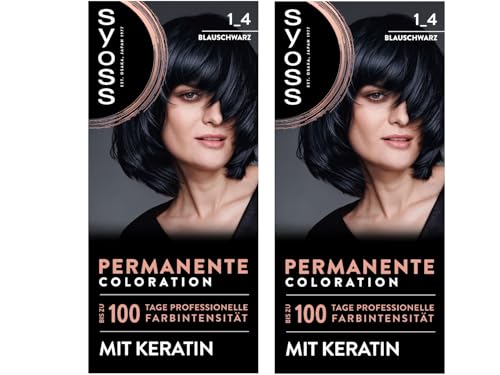 SYOSS Coloración 1_4 azul negro (2 x 115 ml), coloración permanente con queratina que proporciona hasta 100 días de intensidad de color profesional, cobertura de canas 100 %