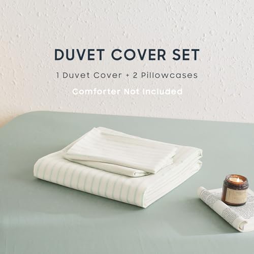 Image of Wake In Cloud - Striped Cotton Duvet Cover Set, Ticking Stripe Vertical Pinstripe Farmhouse, 100% Washed Cotton Textured Bedding Set, 3 Pieces, Aqua White, Full Size