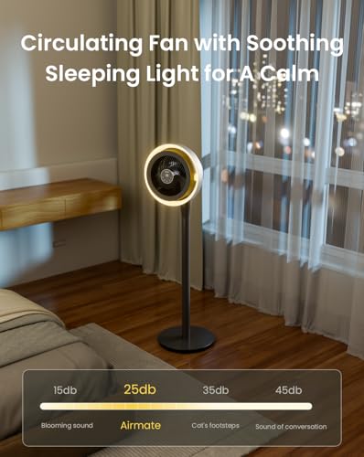 Image of AIRMATE Standing Fan for Bedroom, (60 /90 /120) Oscillating Fan with Light, Digital Display, (12-43 inch) Adjustable Height, 16 Speeds, 12H Timer, 25dB, 92ft Quiet Pedestal Fan with Remote, DarkGrey