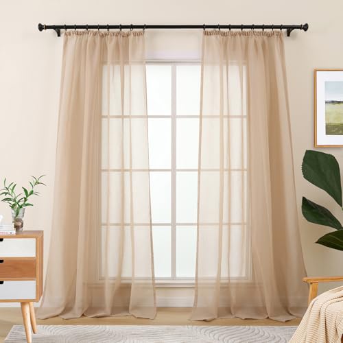 L.Z.E Cortinas Beige para salón, Transparentes con Cinta fruncidora para Sistema de rieles, para Dormitorio, Juego de 2 con Aspecto de Lino, Modernas, 225 cm