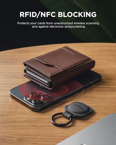Image of VULKIT Pop up Card Wallet with AirTag Holder RFID Blocking Credit Card Holder with Banknote Compartment & ID Window for Men(Espresso)