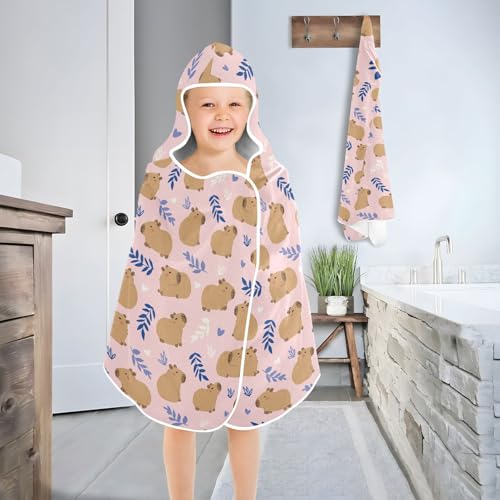 Image of Pink Cute Capybara Hooded Beach Towel for Kids, Kids Bath Hooded Towels for Boys Girls, Super Soft Absorbent Bathrobe with Hood for Swin Pool 50 inchx23.5 inch