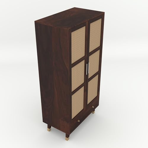 Image of Solid Sheesham Wood 2 Door Wardrobe with Rattan Cane Work & 3 Drawer | Rosewood Almirah for Bedroom Storage (Walnut Finish)