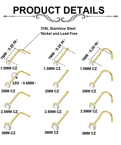 Vegolita 24PCS 22G 316L Stainless Steel Nose Rings Hoop for Women Men Nose Studs CZ Cartilage Helix Tragus Piercing Jewelry G - Thumbnail 2