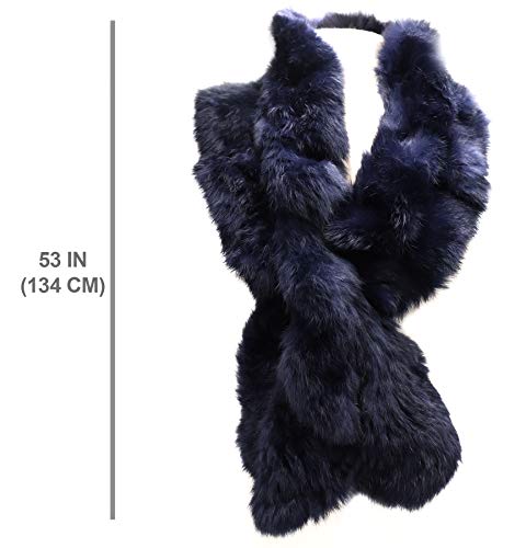 Surell Long Ruffle Rabbit Fur Pull-Through Scarf - Womens Neck Trim Real Fur Scarf - Winter Collar Wrap (Navy) #TOP3