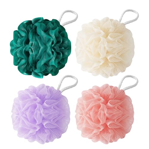 Flintronic 4 Pièces Éponge de Bain, 50g Fleur de Douche Recyclées, Maille Moussante Fleur de Douche Lavable, Fleur de Bain Loofah Unisex, pour Exfolier La Peau...