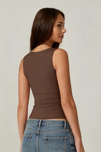 Image of QINSEN Women's Square Neck Sleeveless Double-Layer Tank Tops Basic Tight T Shirts