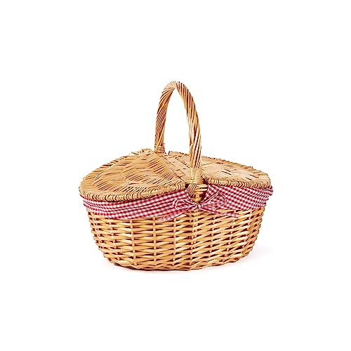 Wickerfield Vintage-Style Wicker Picnic Basket with Handle, Double-Lid Woven Picnic Hamper with Removable Liner, Wicker Woven Shopping Garden Harvest Veg Picking Basket