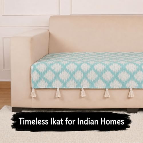 Image of STITCHNEST 'Verdant Ikat Stories' 3 Seater Sofa Cover| Elegant Jacquard Fabric, Decorative Tassels, Washable & Durable for Modern Living