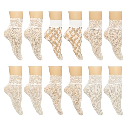 DUINIU 6 Pares De Calcetines De Encaje Blanco, Calcetines De Patrón Hueco, Lindos Calcetines De Mujer, Adecuados Para El Uso Diario.