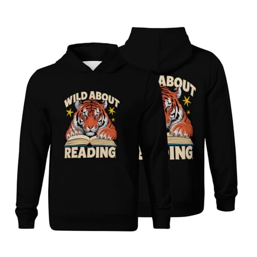 Kids Cool Wild About Reading Tiger Boys Girls Lightweight Kangaroo Pocket Fleece Hoodies