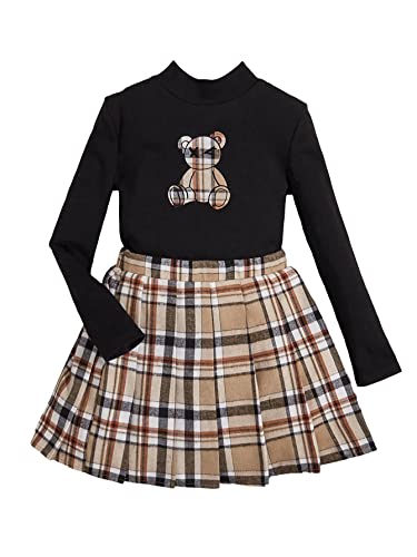 Image of Floerns Girls 2 Piece Outfit High Neck Tee Shirt with Plaid Mini Skirt Set Black Bear 8Y