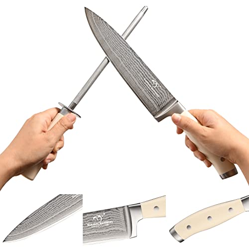 Image of Damascus Kitchen Knife Set, 9 Pieces With Block, White ABS Triple Rivet Ergonomic Handle for Chef Knives, Sharpener and Shears