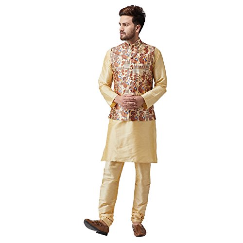 Image of SOJANYA (Since 1958, Men's Silk Gold Kurta Pyjama & Beige Printed Nehru Jacket set, Size: L(SJR-095-NJacket-Print-501-40)