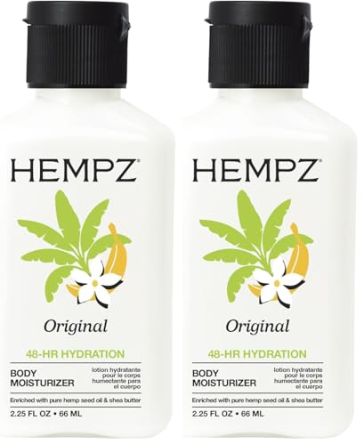Image of Hempz Mini Original Body Lotion, Floral & Banana Scent, Daily Moisturizing Cream, Shea Butter Hand and Body Moisturizer, Skin Care Products, Hydrating Hemp Seed Oil, Mini, 2.25 oz. (Pack of 2)
