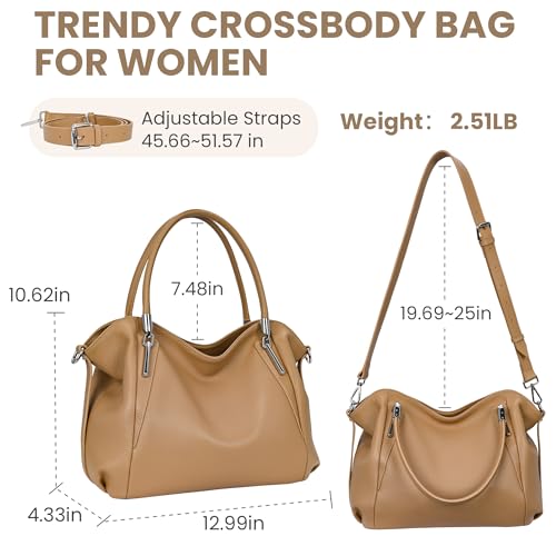 Image of HESHE Leather Shoulder Purses for Women Tote Handbags Satchel Hobo Handbag | Designer Genuine Leather Travel Top Handle Work Bag Ladies Crossbody Purses Adjustable Straps Large Capacity Zippered Closure