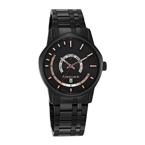 Exuberant Quartz Analog with Day & Date Black Dial Black Stainless Steel Strap Watch for Guys - NT3279NM01
