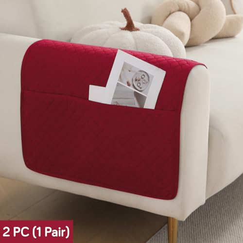 Image of HOKIPO Polyester Quilted Sofa Armrest Cover With Pockets, Maroon, Pack Of 2 (1 Pair) (In-787-Mrn*2)