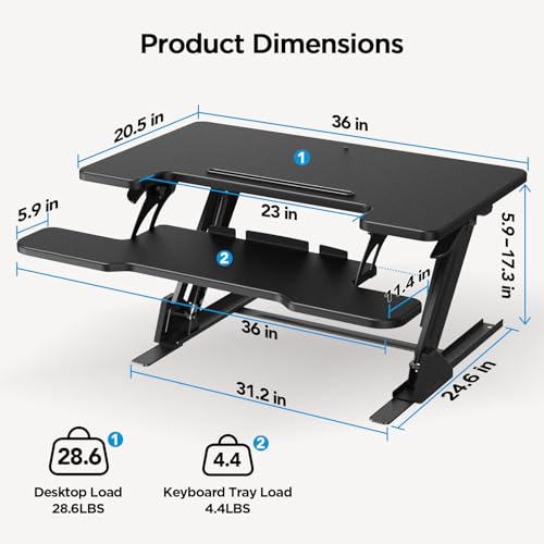 Image of HUANUO 36 inch Z Shaped Stable Standing Desk Converter, Height Adjustable Sit Stand Up Desk Riser, Dual Monitor and Laptop Workstation with Wide Keyboard Tray, Desk Lifter for Home Office,Black