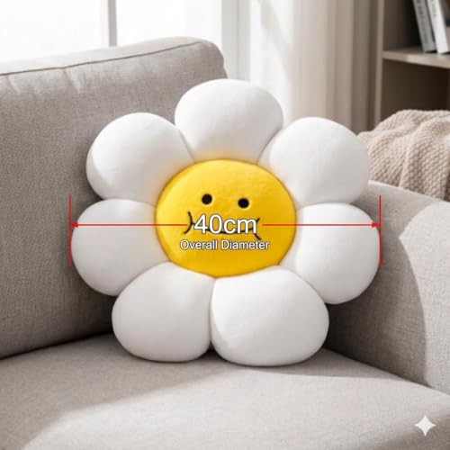 Image of AVSHUB Smiley Flower Cushion 40 cm | Soft Plush Pillow for Sofa Bed Decor | Cute Round Floral Shape Throw Cushion for Kids Room Living Room Gift Item (White)