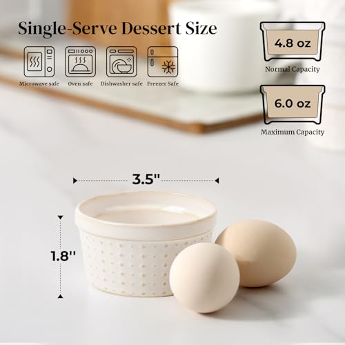 Dowan Ramekins 4 oz Oven Safe Set of 6, Arctic White Porcelain Baking Bowls and Ceramic Condiment Cups for Creme Brulee, Souffle, Pudding, Custard, Dipping Sauce and Small Charcuterie Boards - Image 3