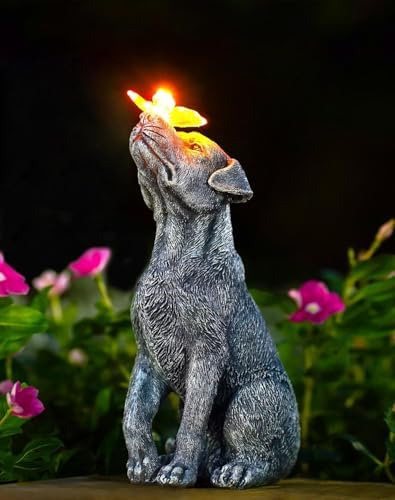 Yeomoo Solar Hund Figur mit Schmetterling Deko für Außen, Garten Geschenk | Lustige Hundefigur Solar Deko für Zimmer Garten und Balkon - Wetterfest Hundebesitzer Geschenk für Fraue