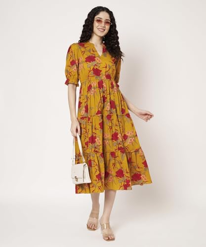 Image of PIDAVLIYA'S Women's Cotton Floral Printed Midi Dress | V-Neck Fit & Flare Dress with Puff Sleeves | Casual Summer Wear