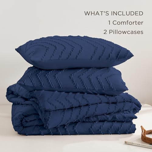 Image of Andency Navy Blue Comforter Set King Size, Boho Soft Warm Tufted Bedding Comforter Sets for King Size Bed, 3 Pieces Aesthetic Chevron Farmhouse Cute Bohemian Textured Bedding Set