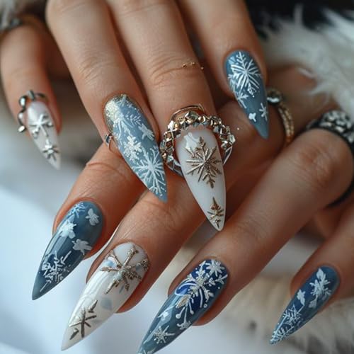 Christmas Press On Nails Long Almond Tip Fake Nails 24 PCS Winter...