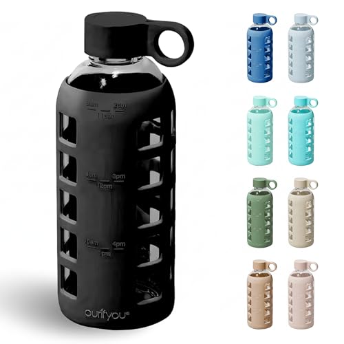 Image of purifyou 40oz / 32oz / 22oz / 12oz Borosilicate Glass Water Bottle with Time & Volume Markers, Silicone Sleeve, Stainless Steel Lid | Reusable Glass Bottle for Water & Juice (22oz Jet Black)