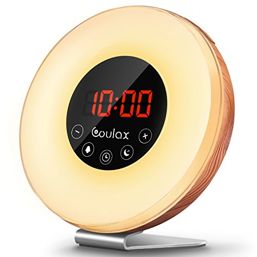 2018 Upgraded-COULAX Wood Wake Up Light with Sunrise Sunset Simulation,7 Colored LED Lights, 6 Natural Sounds, FM Radios,10 Brightness Levels,Snooze Function Alarm Clock with Adapter