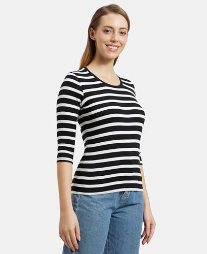 Image of Jockey 1360 Women's Super Combed Cotton Elastane Stretch Slim Fit Striped Round Neck Three Quarter Sleeve T-Shirt