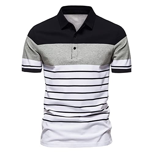 Muscularfit Polo Tees for Men 2024 Fashion Striped Short Sleeve Henley Shirts Business Casual Loose Workout Athletic Shirts Mens Vacation Shirt 2024 Black S