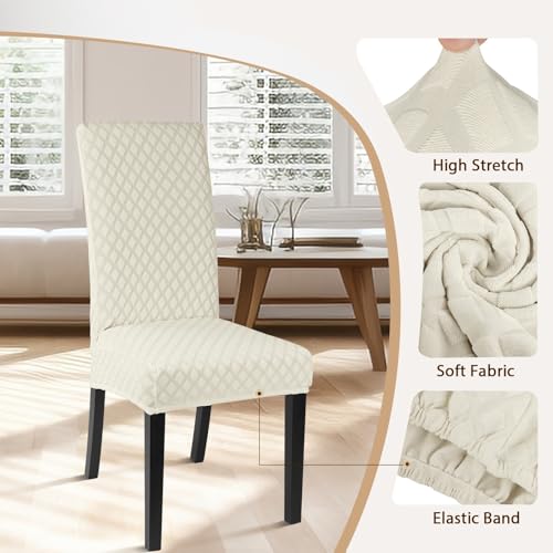 Image of SearchI Dining Room Chair Covers Set of 4, Stretch Jacquard Parsons Chair Slipcovers Super Fit Removable Washable Kitchen Chair Protector Cover for Dining Room, Hotel, Ceremony (Cream)