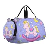 Lindas bolsas de deporte de dibujos animados con diseño de caballo balancín y estrella, color morado melocotón, con compartimento para zapatos, equipaje de mano ligero para viajes, deportes, fitness y