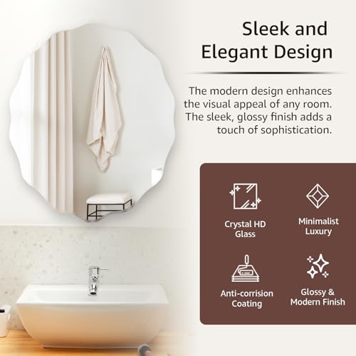 Image of Amazon Basics Frameless Oval Glass Wave Wall Mount Mirror with Beveled Edges - Decorative Bathroom, Bedroom, Living Room, Dressing Room & Entryway Mirror - 38 x 0.4 x 44.5 cm