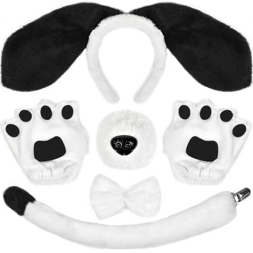Gofriipai Black Dog Ears Headband Nose Tail Bowtie Paw, 5PCS Puppy Ears Costume Accessories Set for Adult Halloween Cosplay