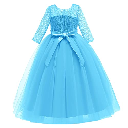 Image of Girls Flower Vintage Floral Lace 3 /4 Sleeves Floor Length Dress Wedding Party Evening Formal Pegeant Dance Gown
