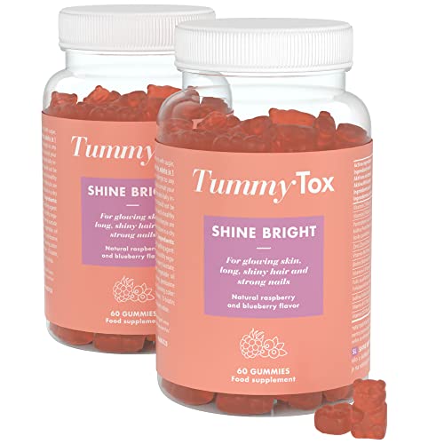 TummyTox Shine Bright Gummies - 120 Gominolas Veganas - Gominolas de Belleza con Vitaminas para Cabello, Piel y Uñas - Con Biotina, Zinc, Ácido Fólico, Yodo, Vitamina C, Vitaminas B6, B12, E