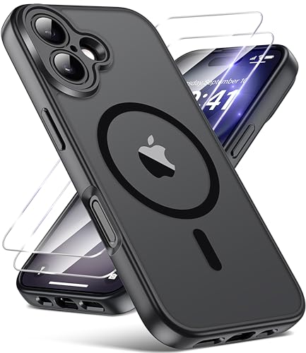 FLLAO for iPhone 16 Case Compatible with Mag-safe Magnetic Bumper Phone Case with 2X HD Screen Protector Full Camera Protection Military-Grade Shockproof Slim Translucent Matte Cover Black