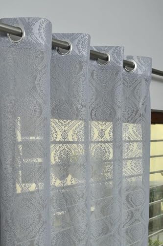 Image of Fabrilia Polyester Sheer Net Damask Design Semi Transparent Eyelet Door Curtains 7 feet Long Set of 2- Grey