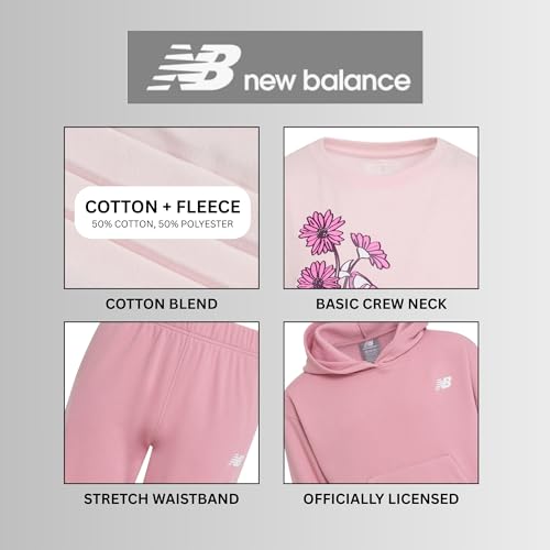 New Balance Girls 3pc Sweatsuit - Cotton Blend Fleece Activewear Set - Pullover Crewneck Hoodie, T-Shirt, Jogger, (4-12)4
